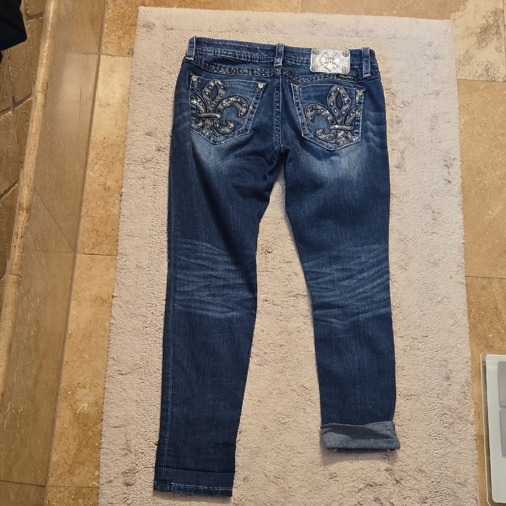 Miss Me Dark Blue Cropped Jeans with Embellished Pockets